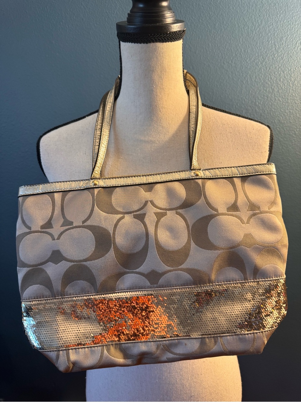 Coach Signature Tote Bag Sequin Stripe Zip